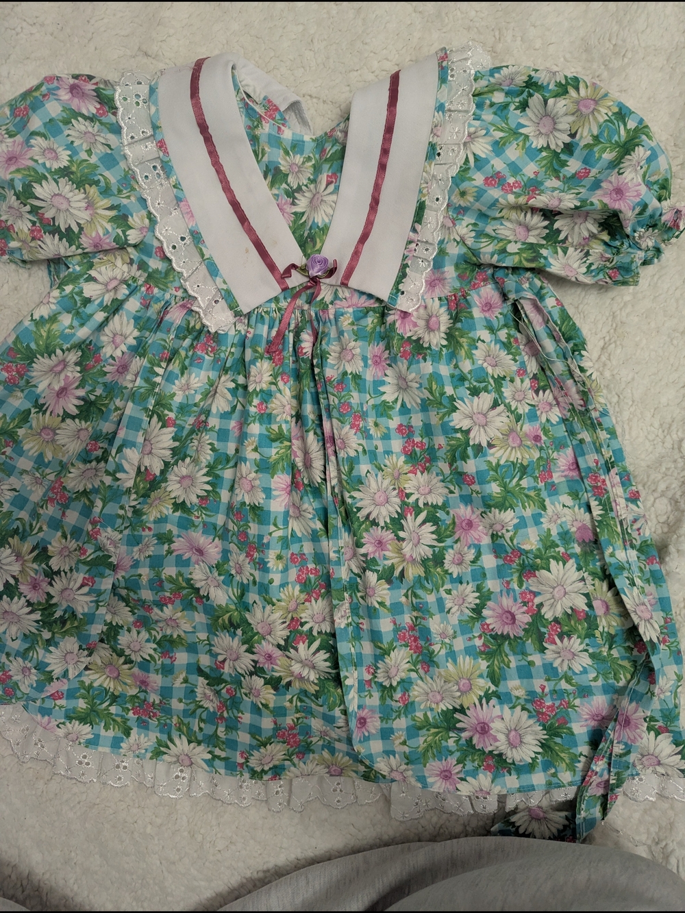 Vintage Floral Plaid Baby Dress with Lace Bib Collar